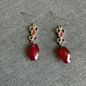 Silver & Red Dangle Earrings With Floral Design Faceted Beads